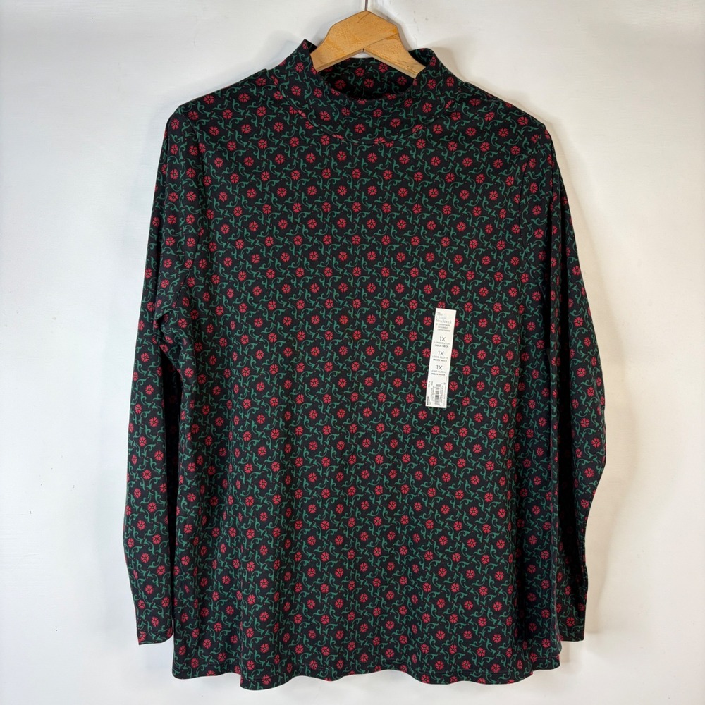 Croft & Barrow Mock Neck Top Women 1X Black Red Green Floral Scroll Long Sleeve
